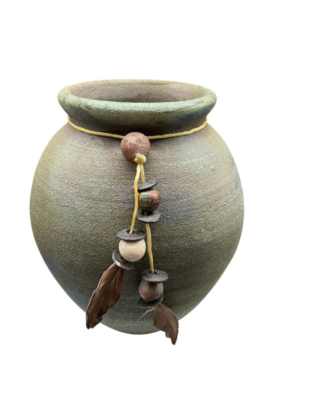 Handcrafted Raku Ceramic Vase With Beaded Feather Decor Signed Jeremy Diller 6"H